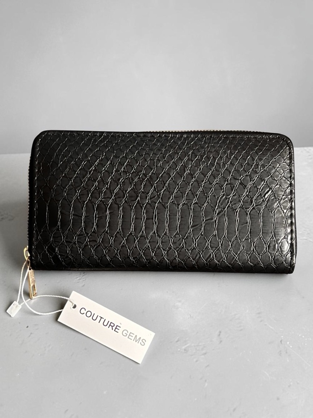 Couture Gems Black Croc-Embossed Zip Wallet